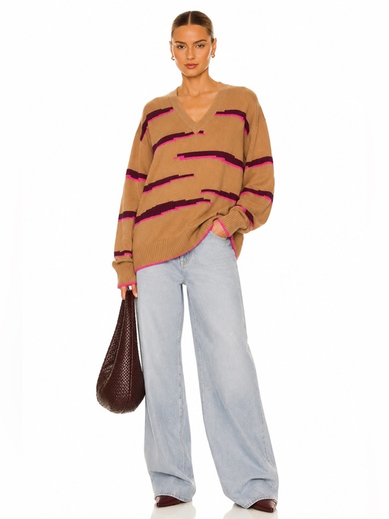 Brodie Cashmere Sweaters - Brodie Cashmere 100% Cashmere Glitch Zebra Sweater Camel Pink V Neck Pullover